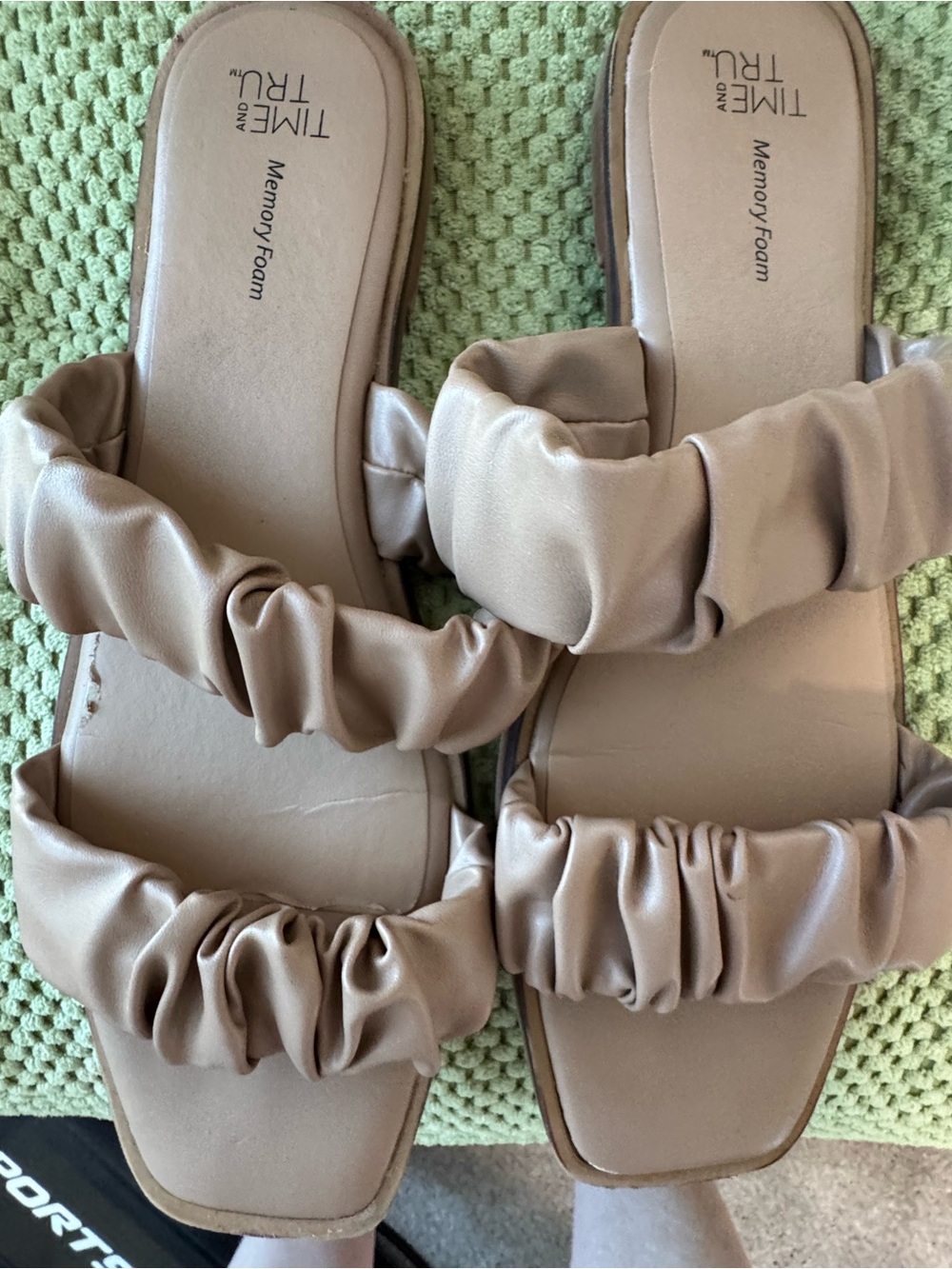 Time and Tru Ruched Double-Strap Slide Sandals in Taupe